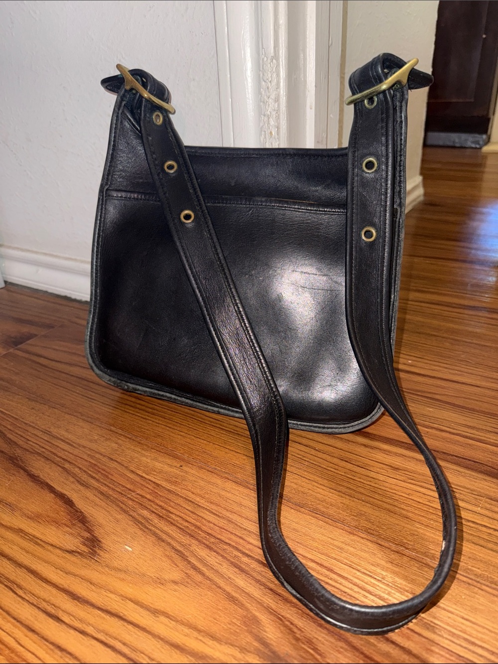 Vintage Coach Black Leather Legacy Zip Bag Interior with Serial number inside